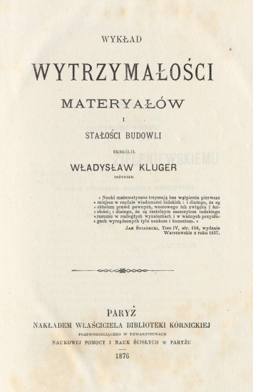 Strona tytułowa publikacji Wykład wytrzymałości materyałów|i stałości budowli