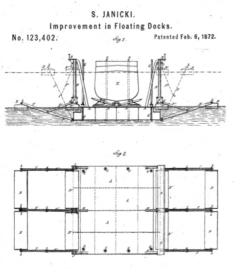 Dok pływający Stanisława Janickiego – rysunek techniczny|z amerykańskiego patentu z 1872 r.